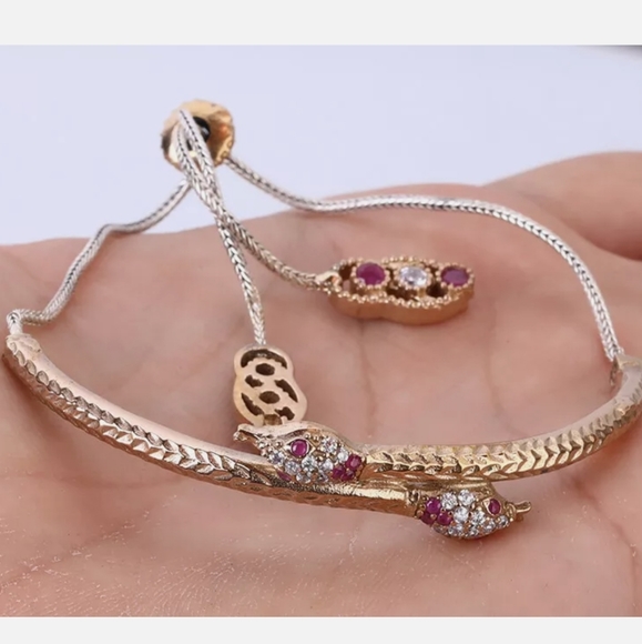 Topaz &Ruby Dual bronze Snake Adjustable .925 sterling Bracelet - Picture 3 of 12